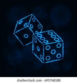 Dice icon. Two game dices, casino symbol lights silhouette design on dark background. Vector illustration. Glowing Lines and Points. Blue color.