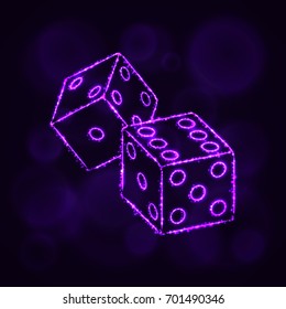 Dice icon. Two game dices, casino symbol lights silhouette design on dark background. Vector illustration. Glowing Lines and Points. Violet color.