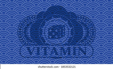 dice icon and Vitamin text blue color japan pattern realistic emblem. Geometric fancy background. Vector illustration. 