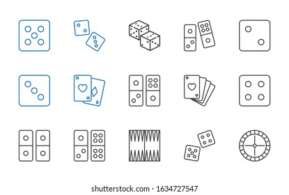 dice icons set. Collection of dice with roulette, backgammon, domino, poker, dices. Editable and scalable dice icons.