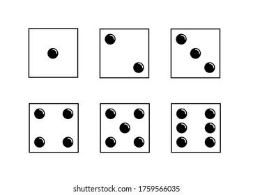 Dice icons set. Traditional die with six faces of cube marked with different numbers of dots or pips from 1 to 6