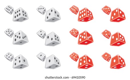Dice is an illustration of both white and red dice.  Each individual number is emphasized on separate dice. One and two color art can be easily edited or separated for print or screen print