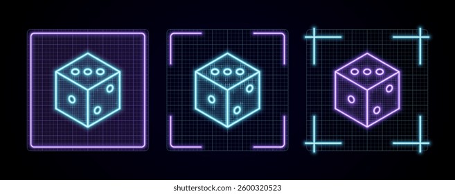 Dice illustration, cyber neon visual, glowing border grid vector.	