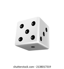 Dice un objeto aislado en 3d para juegos de azar, casino, juegos de póquer, mesa o juegos de mesa. Cubo blanco realista con cinco puntos negros o pips. Ilustración del vector