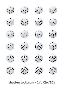 Dice isométrico. Varios cubos blancos de caza aislados en un fondo transparente. Vector de cubos de póquer blanco aislado.