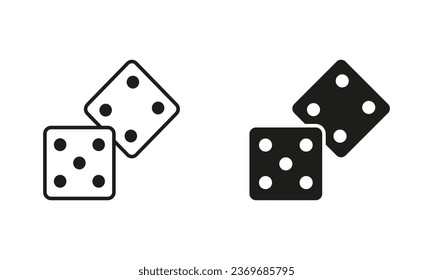 Dice Line und Silhouette Black Icon Set. Glücksspielrisiko, Wettchance Sign. Zwei Quadrat-Würfel Piktogramm. Spielen Sie Cube Roll, Lucky Game Symbol Collection. Backgammon Spaß. Einzelne Vektorgrafik.