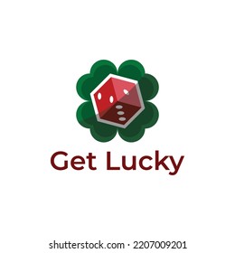 Dice logo with clover leaf, lucky logo for casino games, poker or related dice games.