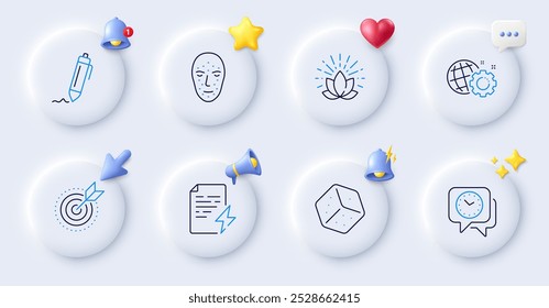 Dice, Lotus and Face biometrics line icons. Buttons with 3d bell, chat speech, cursor. Pack of Target purpose, Seo gear, Power certificate icon. Clock, Signature pictogram. Vector