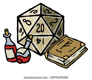  Dice with magic spell sticker. D20 sided tabletop board game. Cartoon character with 20 numbers