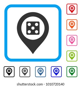 Dice Map Marker icon. Flat gray pictogram symbol in a blue rounded squared frame. Black, grey, green, blue, red, orange color additional versions of dice map marker vector.