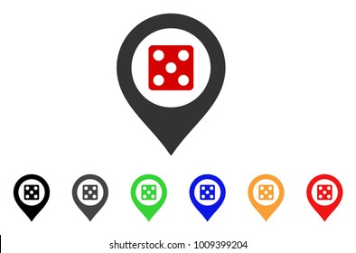 Dice Map Marker icon. Vector illustration style is a flat iconic dice map marker symbol with grey, yellow, green, blue, red, black color variants. Designed for web and software interfaces.