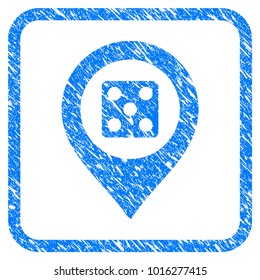 Dice Map Marker scratched textured icon inside rounded rectangle for overlay watermark imitations. Flat symbol with dirty texture.