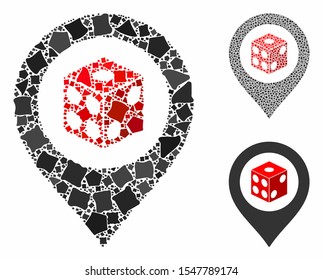 Dice map pointer composition of abrupt items in variable sizes and shades, based on dice map pointer icon. Vector abrupt parts are united into collage.