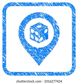 Dice Map Pointer grainy textured icon inside rounded square for overlay watermark stamps. Flat symbol with unclean texture. Framed vector blue rubber seal stamp with grunge design of dice map pointer.