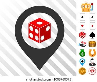 Dice Map Pointer icon with bonus gamble icons. Vector illustration style is flat iconic symbols. Designed for gamble software.