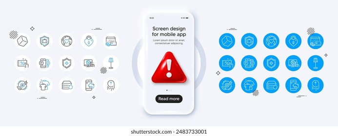 Dice, Medical shield and Recovery server line icons. Phone mockup with 3d danger icon. Pack of Incoming call, Green energy, Love lock icon. Money calendar, Floor lamp, Swipe up pictogram. Vector