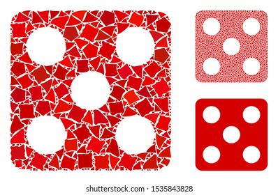 Dice mosaic of unequal pieces in various sizes and shades, based on dice icon. Vector uneven pieces are organized into collage. Dice icons collage with dotted pattern.