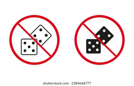 Dice Not Allowed Line and Silhouette Black Icon Set. Forbidden Gambling Bet Pictogram. Prohibited Dice, No Play in Backgammon Sign. Risk Playing Cube Red Stop Symbol. Isolated Vector Illustration.