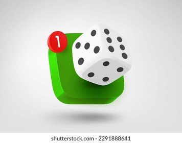 Dice on app button. 3d vector mobile application icon