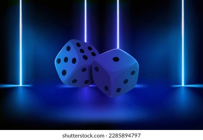 Dice on background with blue neon. 3d vector illustration