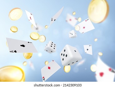 The dice, on a explosion coins background. The new, best design of the luck banner, for gambling, casino