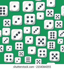 Dice on a green table. Vector seamless pattern of white game dice.