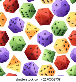 Dice pattern. Seamless print of gambling and role playing board game dices of various sides. Vector polyhedral gaming accessory texture. Different dice shapes with random numbers, fortune concept