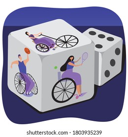 Würfel, Behinderte auf Fahrrädern und Menschen mit Behinderungen spielen Tennis, Basketball als ein Konzept der Aktivität. Vektorgrafik mit Menschen in Rollstühlen als Sportwahl-Konzept