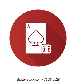Dice and playing card flat design long shadow glyph icon. Casino. Gambling. Vector silhouette illustration