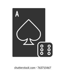 Dice and playing card glyph icon. Silhouette symbol. Negative space. Casino. Gambling. Vector isolated illustration