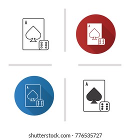 Dice and playing card icon. Flat design, linear and color styles. Casino. Gambling. Isolated vector illustrations