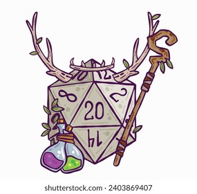 Dice for playing DnD. Druid character. Tabletop role-playing game Dungeon and dragons with horned d20. Magical role of ranger