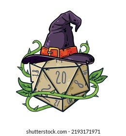 Dice For Playing DnD. Tabletop Role-playing Game Dungeon And Dragons With D20. Magical Role Of Sorcerer With Witch Hat.