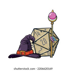 Dice for playing DnD. Tabletop role-playing game Dungeon and dragons with d20. Magical role of sorcerer with witch hat. Cartoon illustration