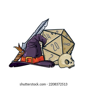 Dice for playing DnD. Tabletop role-playing game Dungeon and dragons with d20. Magical role of sorcerer with witch hat. Cartoon illustration svg