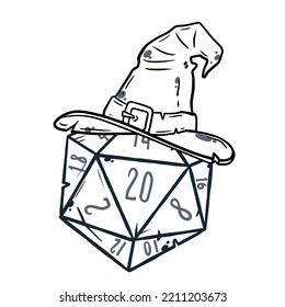 Dice for playing DnD. Tabletop role-playing game Dungeon and dragons with d20. Magical role of sorcerer with witch hat. svg