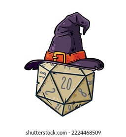 Dice for playing DnD. Tabletop role-playing game Dungeon and dragons with d20. Magical role of sorcerer with witch hat. svg