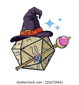 Dice for playing DnD. Tabletop role-playing game Dungeon and dragons with d20. Magical role of sorcerer with witch hat. Cartoon illustration svg