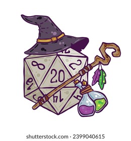 Dice for playing DnD. Tabletop role-playing game Dungeon and dragons with d20. Magical role of sorcerer with witch hat.