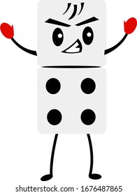 dice for playing dominoes cartoon character fighter in boxing gloves evil facial expression concept popular board games and hobbies object on a white background