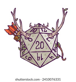 Dice for playing Tabletop role-playing game Dungeon and dragons with horned d20. Magical role of ranger, Druid character.