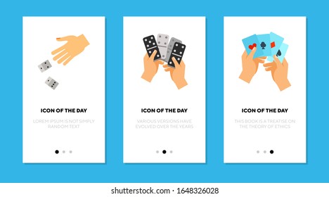 Dice and poker cards flat icon set. Luck, chance, bid isolated vector sign pack. Casino and gambling concept. Vector illustration symbol elements for web design and apps