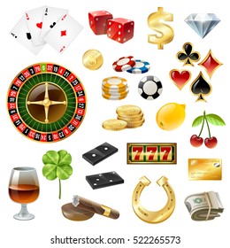 Dice poker chips casino equipment and gambling supply with glass wine sigaar glossy icons collection isolated vector illustration