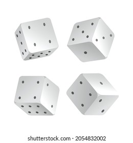 Dice - realistic white cubes with random numbers of black dots or pips and rounded edges. Vector game cubes isolated. Isolated 3d objects for hobbies