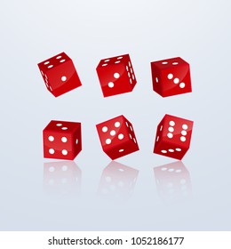 Dice of red color in different perspective on a light background. 3d vector illustration