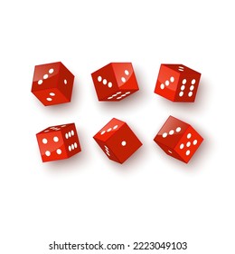 Dice de color rojo en una perspectiva diferente sobre un fondo blanco. 3d formato vectorial