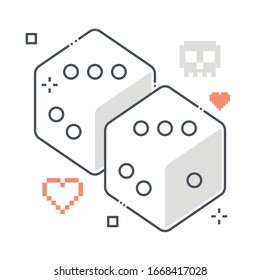 Icono vectorial de línea de color relacionado de dados, ilustración. El icono es sobre juego, juego de mesa, juegos de azar, interfaz, casino, apuesta, jugador. La composición es infinitamente escalable.