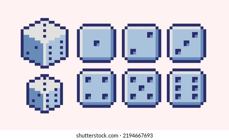 Dice roll pixel art set. Playing cube sides collection. 8 bit sprite. Game development, mobile app.  Isolated vector illustration.