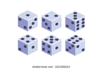 Dice roll pixel art set. Playing cube sides collection. 8 bit sprite. Game development, mobile app. Isolated vector illustration.