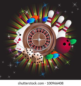 Dice, roulette, cards and bowling pins on an abstract background